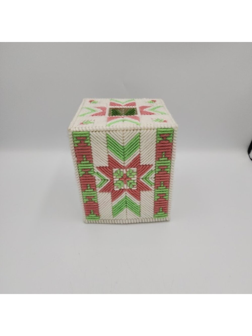 Vintage Needlepoint Kleenex Tissue Box Cover Paradise Pink Green White Handmade